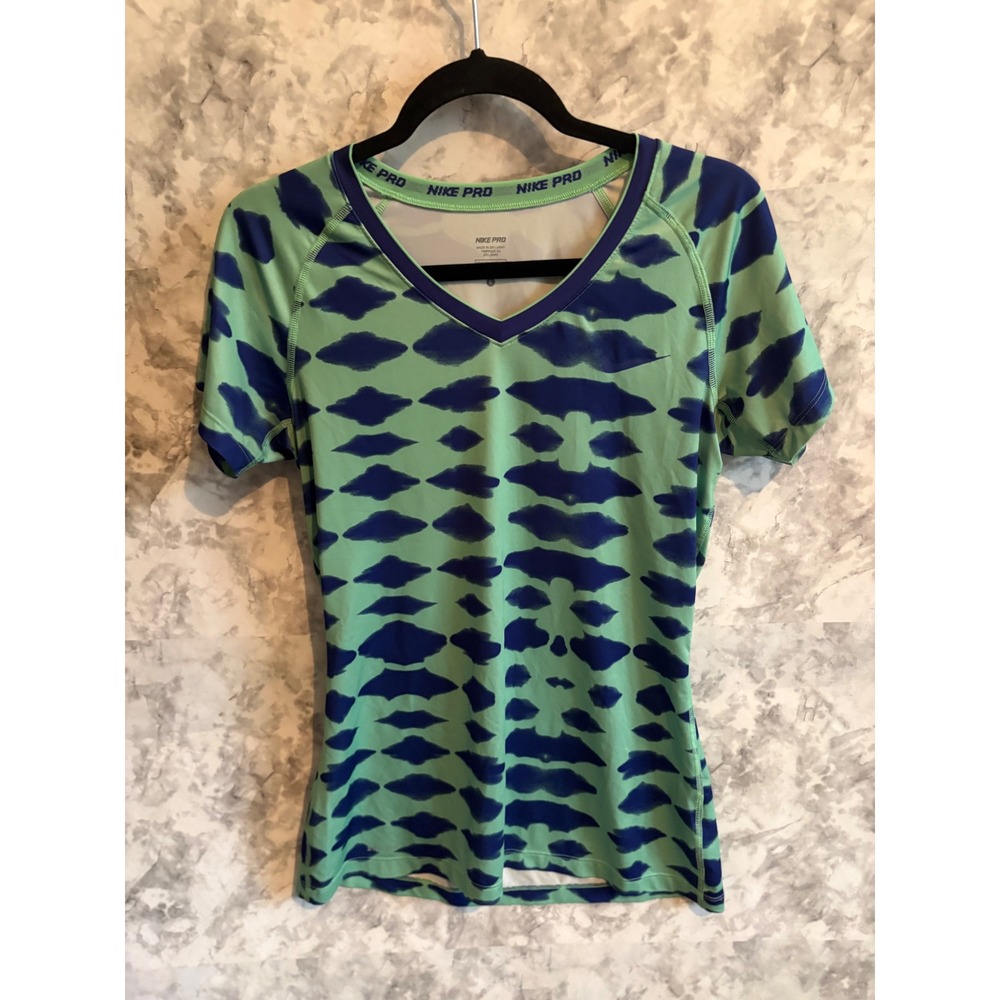 Nike Pro Women's Large Compression‎ V-Neck Tee Green Blue Dri-FIT